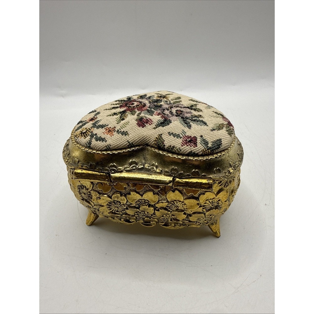 Vintage Floral Tapestry Jewelry Trinket Box Japan Brass Gold Tone Needlepoint - Picture 7 of 11